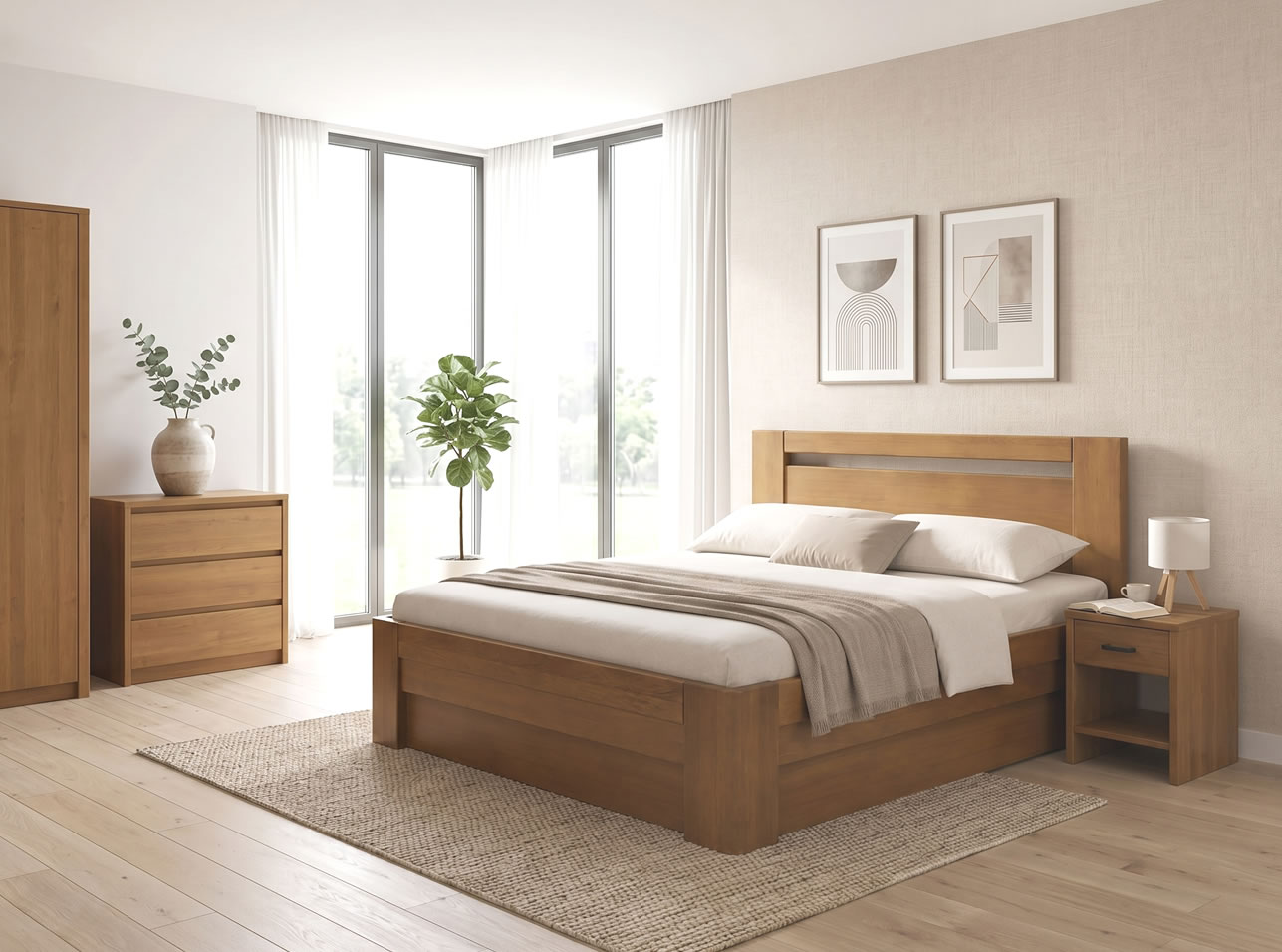 Dvoulůžková postel Sandeco z masivního buku s úložným prostorem