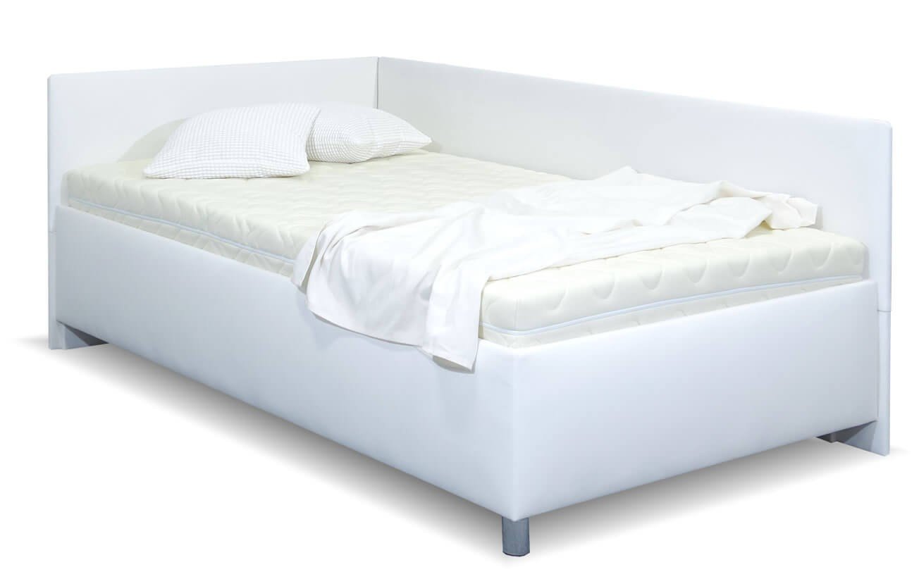 Rohová zvýšená čalouněná postel s úložným prostorem Ryana, 140x200, bílá