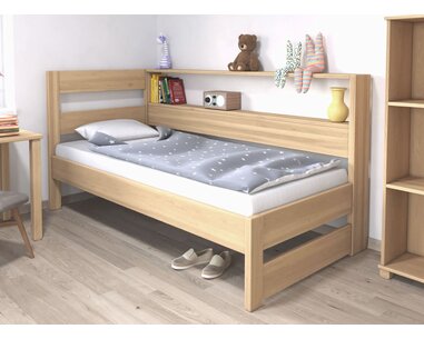 Postel jednolůžko z masivu Ela s policemi, Levá, masiv buk Postel jednolůžko z masivu Ela s policemi, Levá, masiv buk