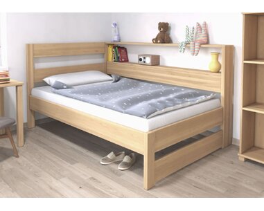 Postel jednolůžko z masivu Ela s policemi, Levá, 140x200cm, masiv buk Postel jednolůžko z masivu Ela s policemi, Levá, 140x200cm, masiv buk