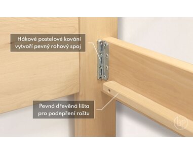 Spojení - jednolůžko z masivu Ela s policemi, masiv buk Spojení - jednolůžko z masivu Ela s policemi, masiv buk