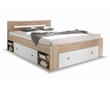 Zvýšená postel s úložným prostorem NEPOLI 140x200, dub sonoma - bílá Zvýšená postel s úložným prostorem NEPOLI 140x200, dub sonoma - bílá