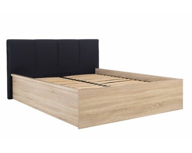 Postel jednolůžko s úložným prostorem a roštem TETRIS 140x200, dub sonoma - černé celočalouněné čelo Postel jednolůžko s úložným prostorem a roštem TETRIS 140x200, dub sonoma - černé celočalouněné čelo