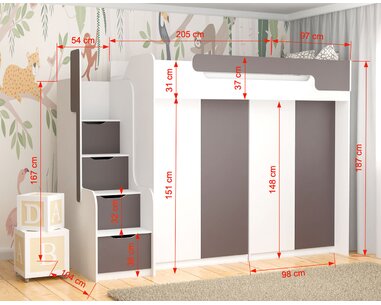 Multifunkční patrová postel Dori - rozměry Multifunkční patrová postel Dori - rozměry