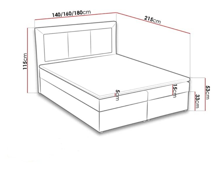 Rozměry americké postel boxspring CS34015 Rozměry americké postel boxspring CS34015