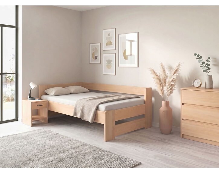 Rohová dřevěná postel MIVA, 140x200, masiv buk Rohová dřevěná postel MIVA, 140x200, masiv buk