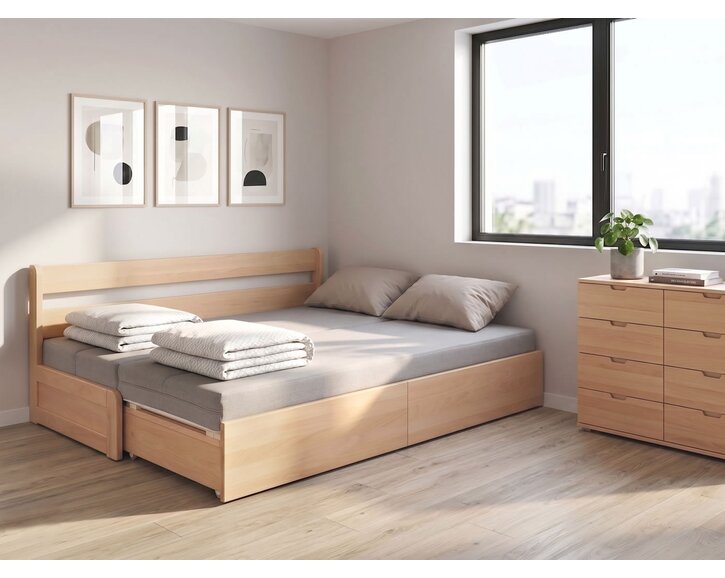 Rozkládací postel s úložným prostorem FLEXO - Pravá, masiv buk Rozkládací postel s úložným prostorem FLEXO - Pravá, masiv buk