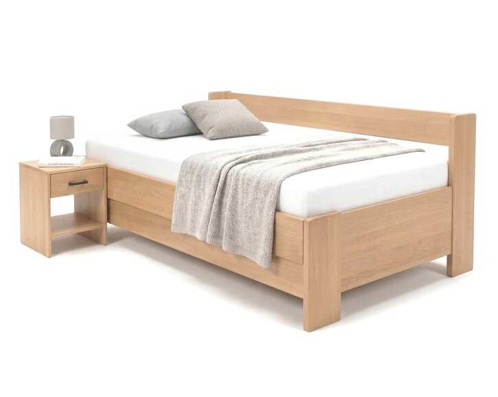 Zvýšená buková postel s roštem MIVA s bočním čelem, 120x200 Zvýšená buková postel s roštem MIVA s bočním čelem, 120x200
