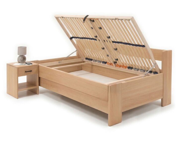 Zvýšená buková postel s roštem MIVA s bočním čelem, 120x200 Zvýšená buková postel s roštem MIVA s bočním čelem, 120x200