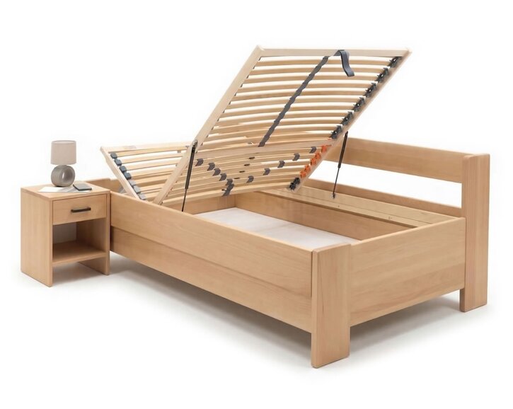 Zvýšená buková postel s roštem MIVA s bočním čelem, 120x200 Zvýšená buková postel s roštem MIVA s bočním čelem, 120x200