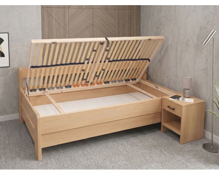 Zvýšená buková postel s roštem MIVA s bočním čelem, 120x200 Zvýšená buková postel s roštem MIVA s bočním čelem, 120x200