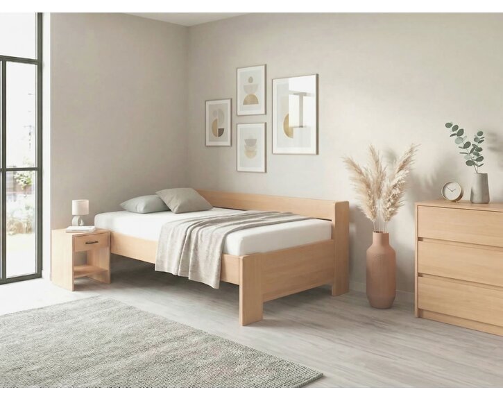 Zvýšená buková postel s roštem MIVA s bočním čelem, 120x200 Zvýšená buková postel s roštem MIVA s bočním čelem, 120x200