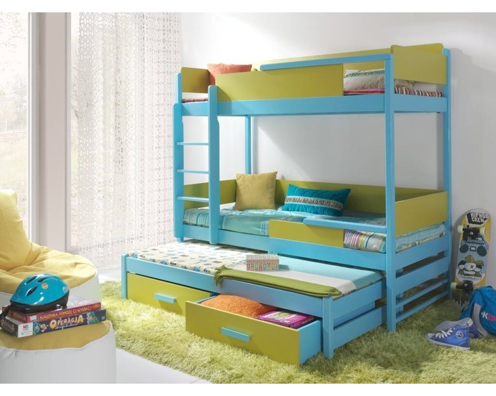 Poschoďová postel s přistýlkou a úložným prostorem pro 3 děti KVIDO, masiv borovice Poschoďová postel s přistýlkou a úložným prostorem pro 3 děti KVIDO, masiv borovice