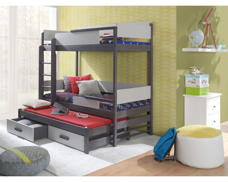 Poschoďová postel s přistýlkou a úložným prostorem pro 3 děti KVIDO, masiv borovice Poschoďová postel s přistýlkou a úložným prostorem pro 3 děti KVIDO, masiv borovice