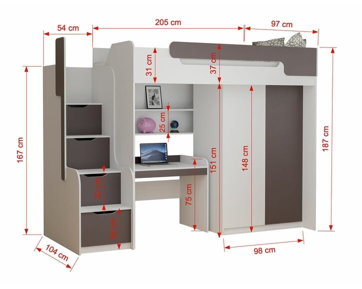Multifunkční patrová postel Dori - rozměry Multifunkční patrová postel Dori - rozměry