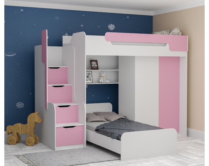 Multifunkční patrová postel Dori se spodní postelí a skříní, lamino bílá/růžová Multifunkční patrová postel Dori se spodní postelí a skříní, lamino bílá/růžová