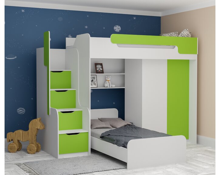 Multifunkční patrová postel Dori se spodní postelí a skříní, lamino bílá/zelená Multifunkční patrová postel Dori se spodní postelí a skříní, lamino bílá/zelená